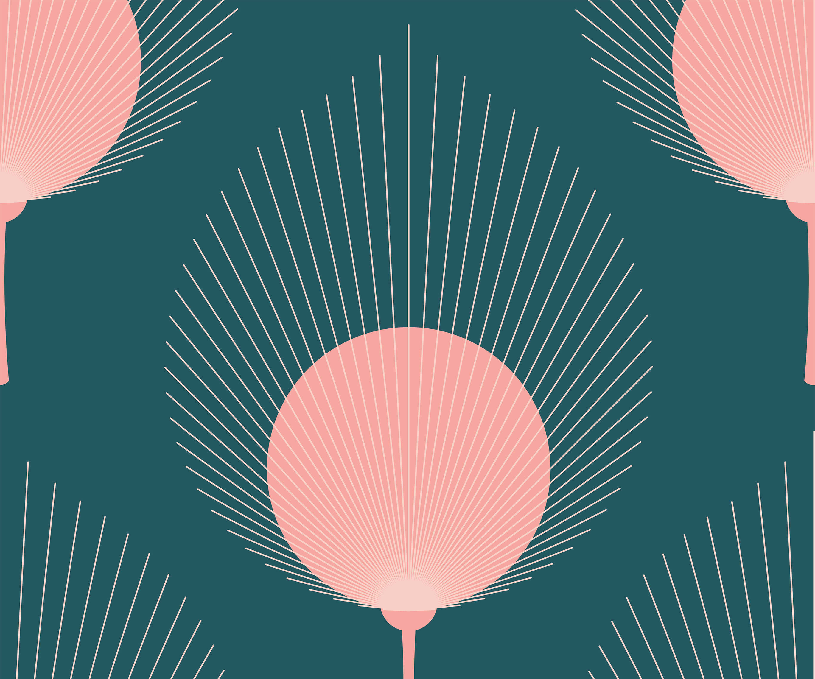 Ace fan with pastel pink fan-shaped motifs and white lines on a deep teal background for stylish cooling