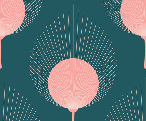 Ace fan with pastel pink fan-shaped motifs and white lines on a deep teal background for stylish cooling
