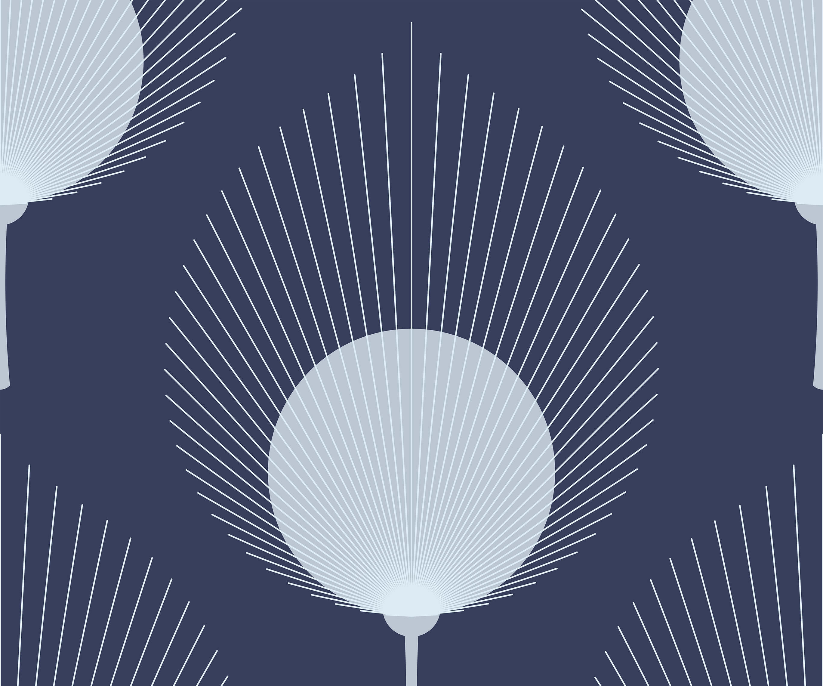 Ace product featuring a repeating pattern of stylized light blue fan motifs with white lines on navy background