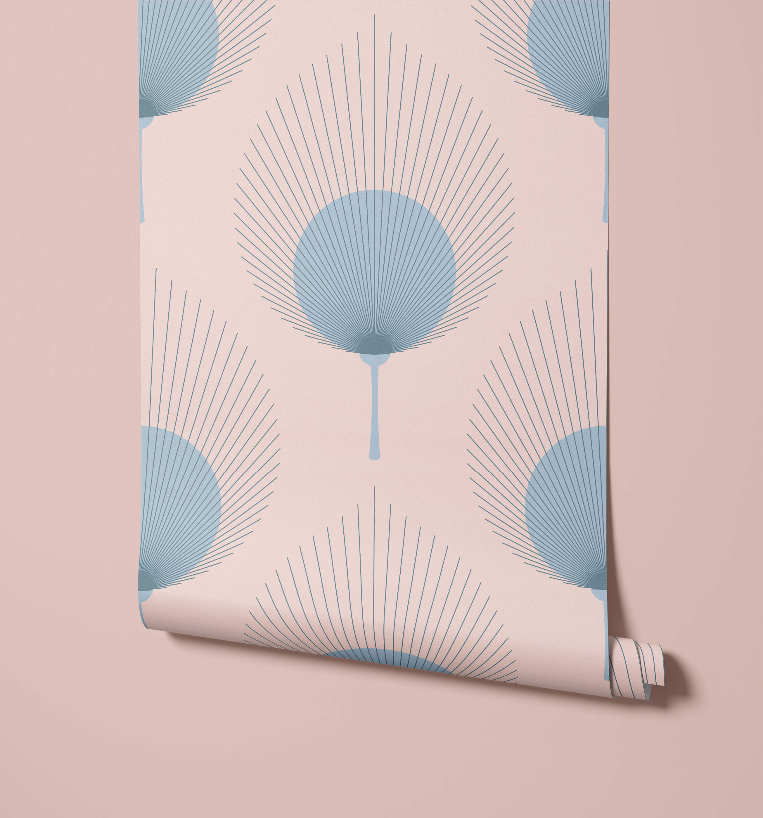 Ace pale pink wallpaper roll with light blue fan shaped peacock feather pattern outlined in thin black lines