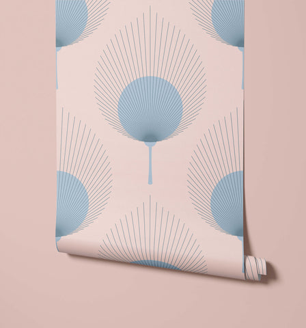 Ace pale pink wallpaper roll with light blue fan shaped peacock feather pattern outlined in thin black lines