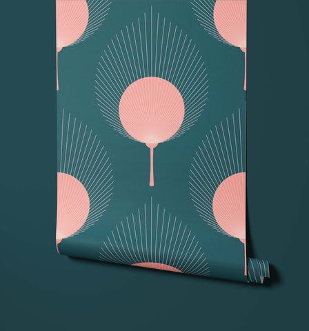 Ace teal wallpaper with a repeating pattern of pink fan shaped motifs outlined in white for stylish walls