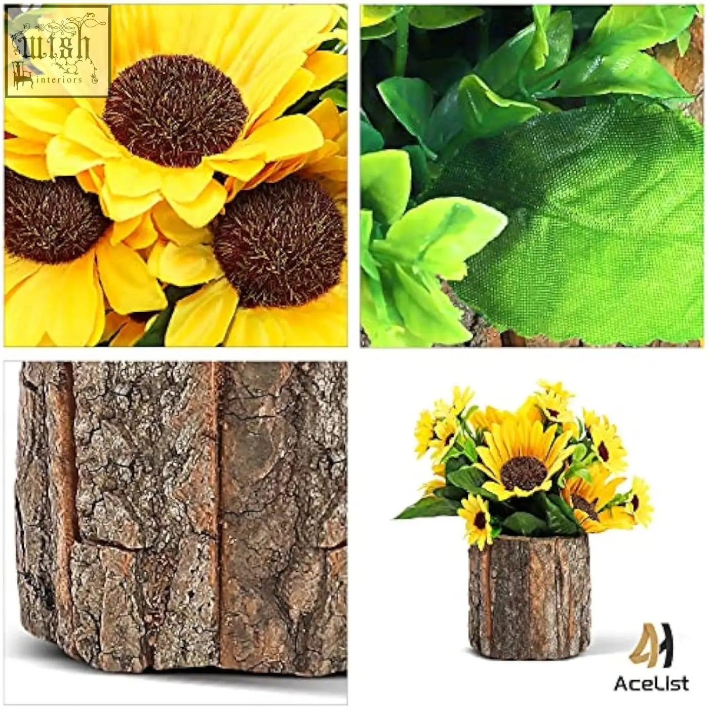 AceList artificial sunflowers with vibrant yellow petals and dark centers in a rustic tree bark planter for indoor decor
