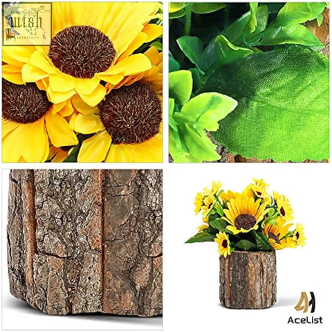 AceList artificial sunflowers with vibrant yellow petals and dark centers in a rustic tree bark planter for indoor decor