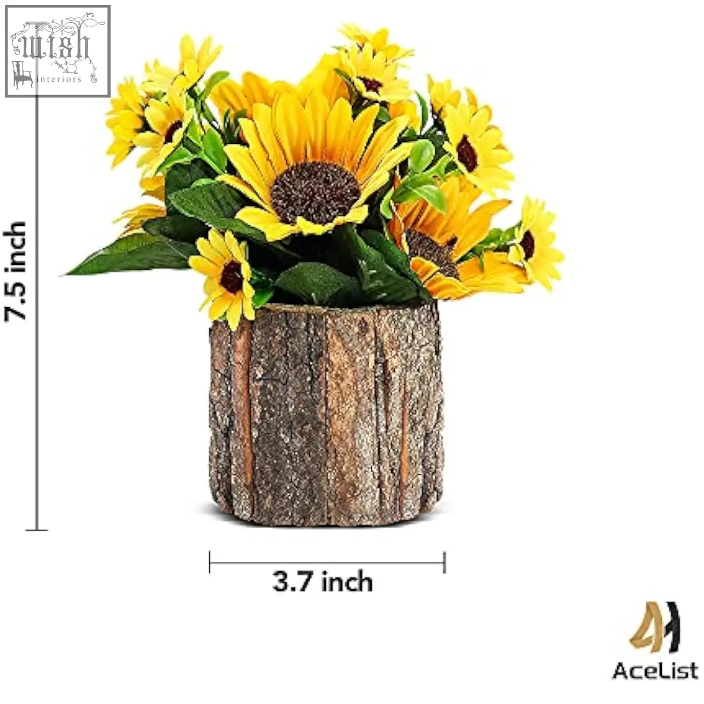AceList artificial sunflowers in a rustic tree-stump vase with natural wood grain and earthy brown tones for indoor décor