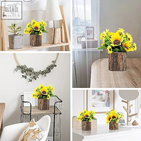 Rustic wooden log vase holding bright yellow aceList artificial sunflowers for indoor decor with artificial flowers