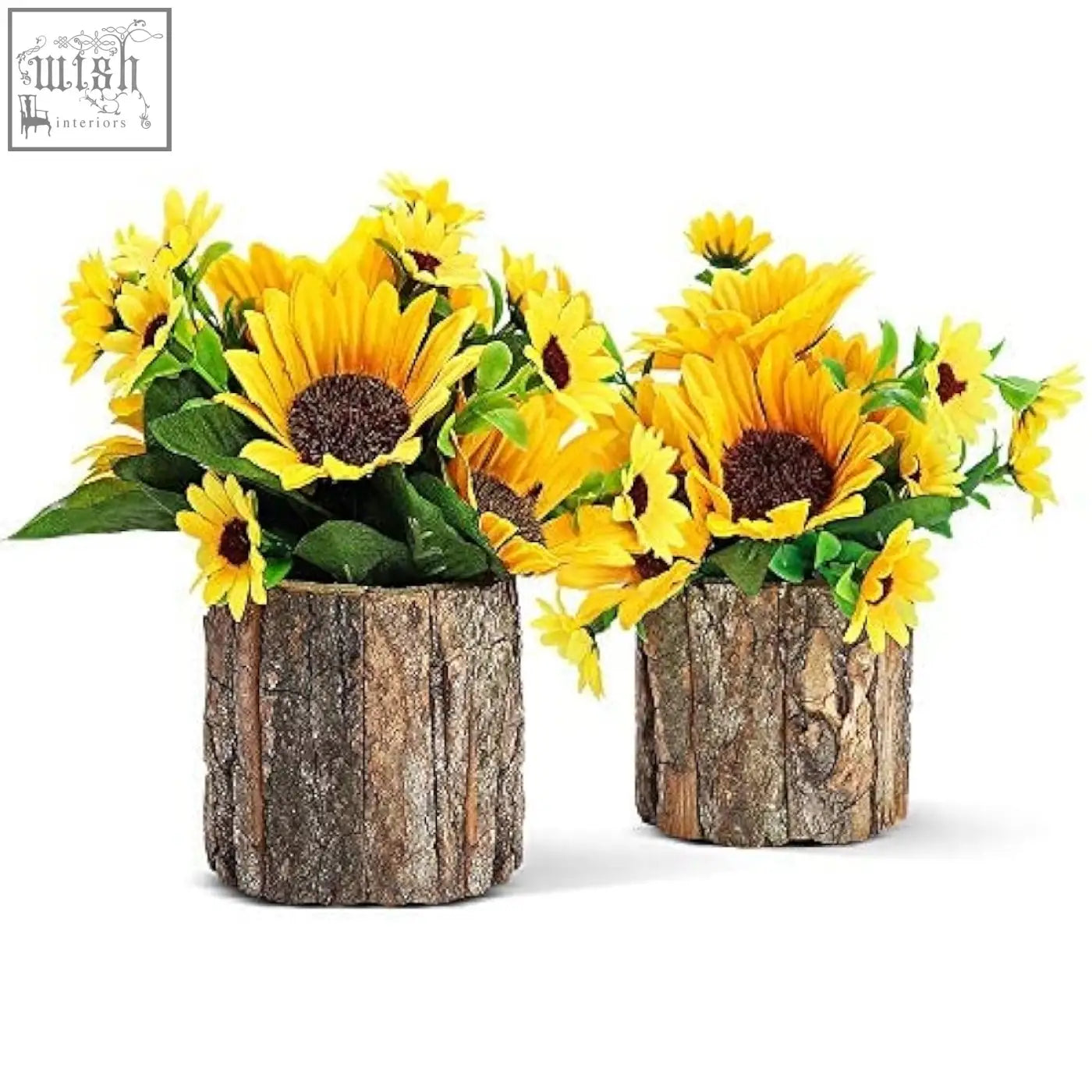 Two rustic wooden log vases filled with vibrant yellow aceList artificial sunflowers for indoor decor