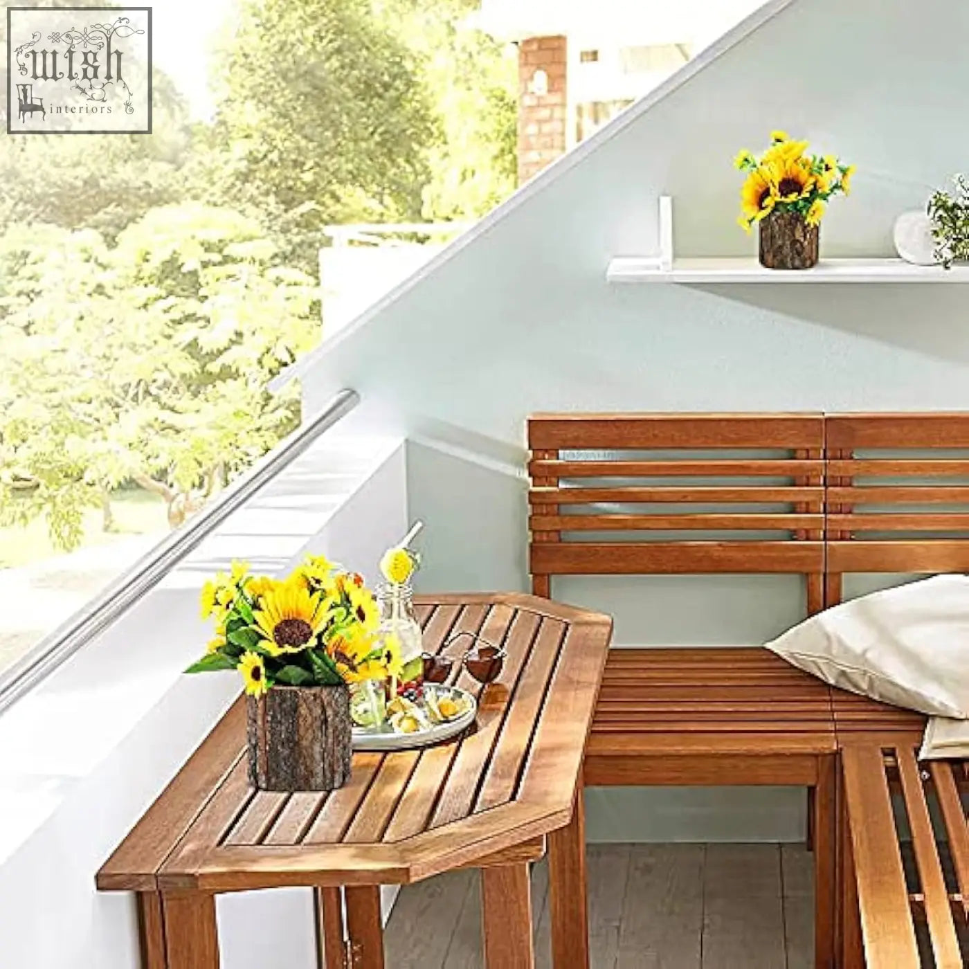 Wooden table with warm brown finish holding aceList artificial sunflowers in a rustic vase for indoor decor