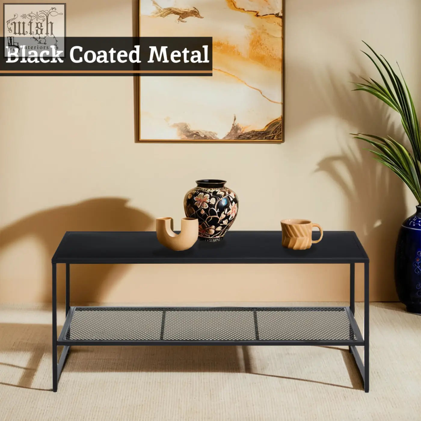 Black metal coffee table with sleek minimalist design and open mesh lower shelf for stylish living spaces