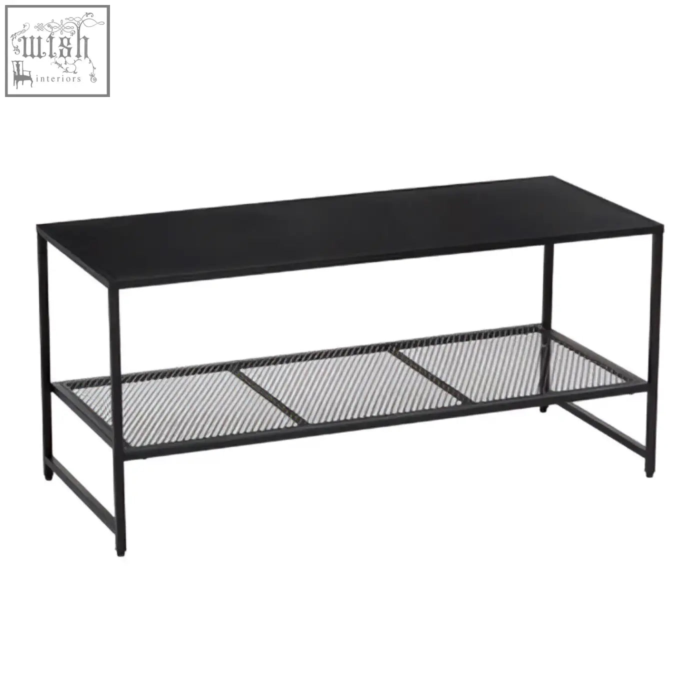 Acero black metal coffee table with black metal frame and mesh shelves for stylish living room storage