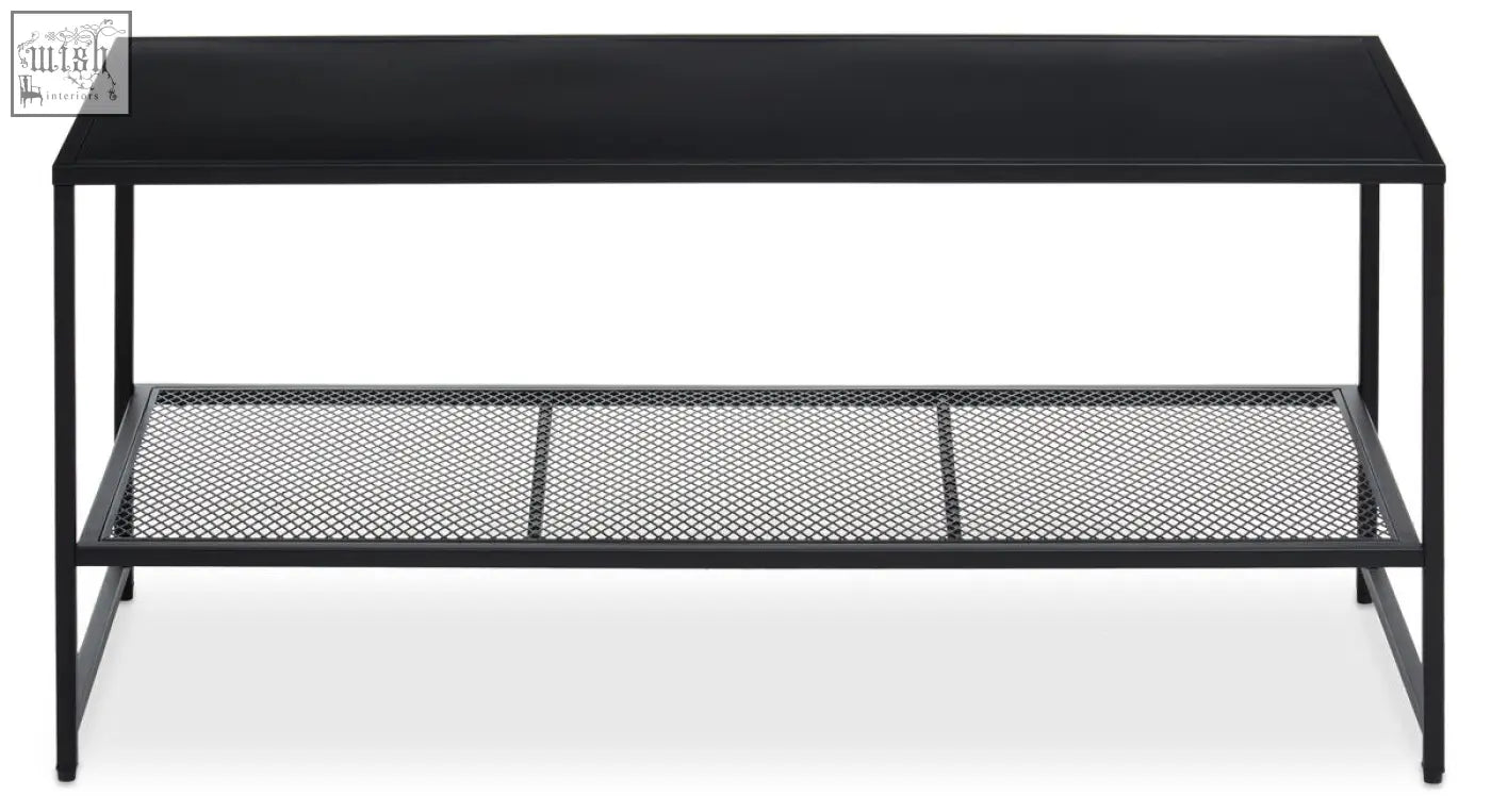 Acero black metal coffee table with solid top and mesh lower shelf in black metal for stylish living room use