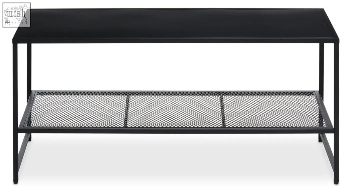Acero black metal coffee table with solid top and mesh lower shelf in black metal for stylish living room use