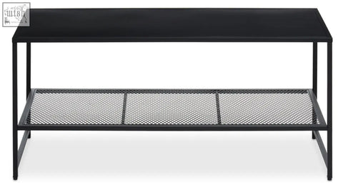 Acero black metal coffee table with solid top and mesh lower shelf in black metal for stylish living room use
