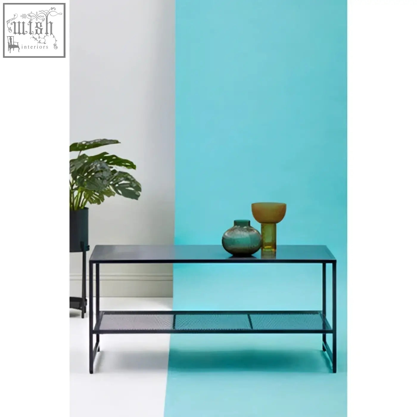 Black metal coffee table with two mesh shelves in a sleek black metal design for stylish living spaces