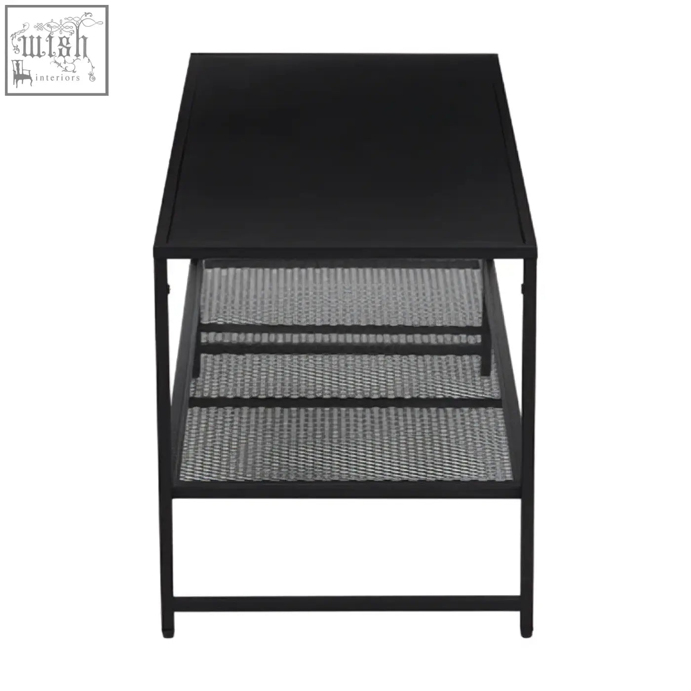 Acero black metal coffee table with solid top and three mesh shelves for stylish black metal storage and display