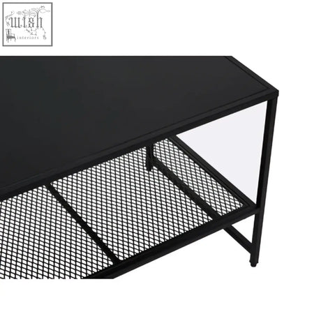 Acero black metal coffee table with sleek modern design and open shelving made of black metal mesh