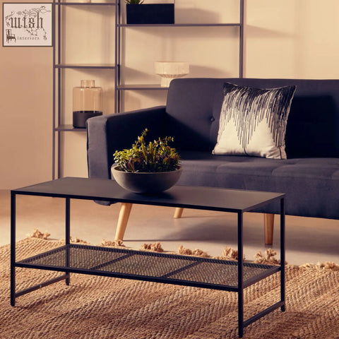 Acero black metal coffee table with mesh lower shelf and light wood legs perfect for modern living rooms