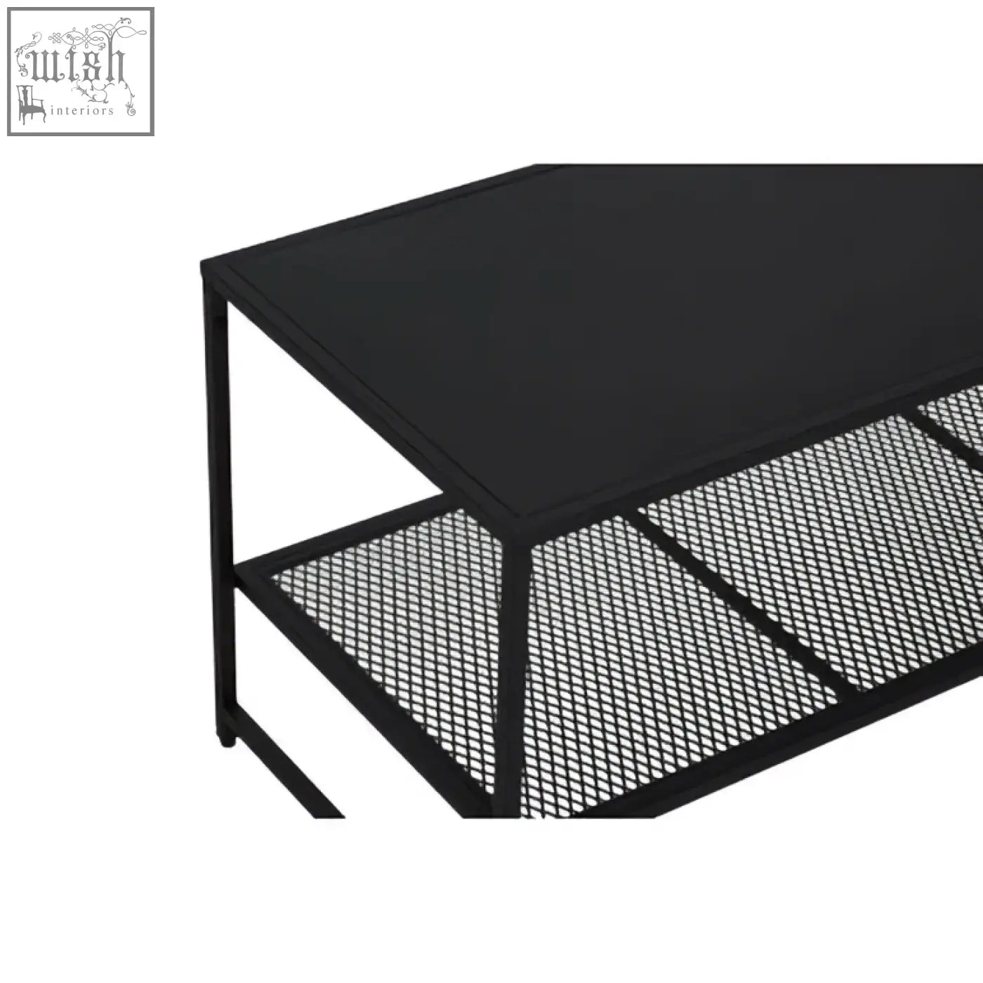 Acero black metal coffee table with mesh frame solid top and open shelving for stylish storage and display
