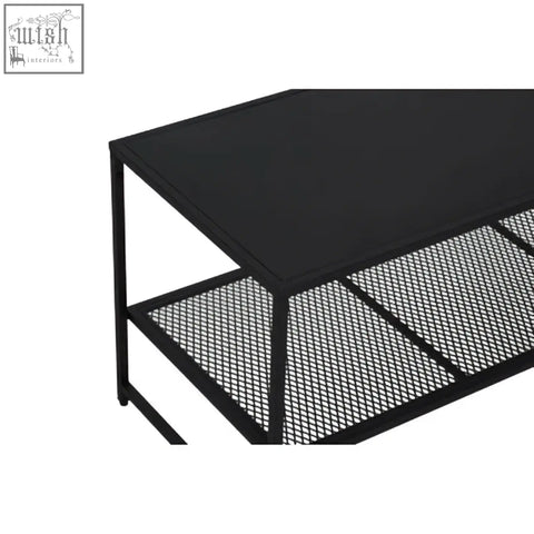 Acero black metal coffee table with mesh frame solid top and open shelving for stylish storage and display
