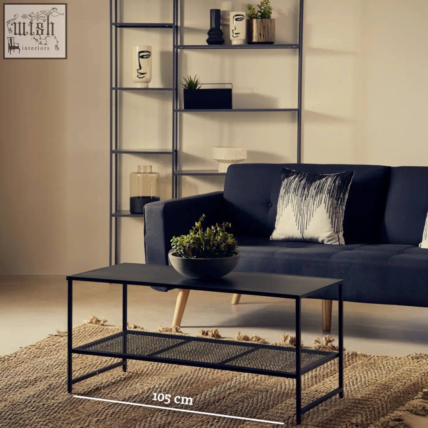 Acero black metal coffee table with mesh lower shelf and wooden legs in black metal for stylish living rooms