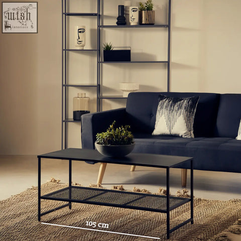 Acero black metal coffee table with mesh lower shelf and wooden legs in black metal for stylish living rooms