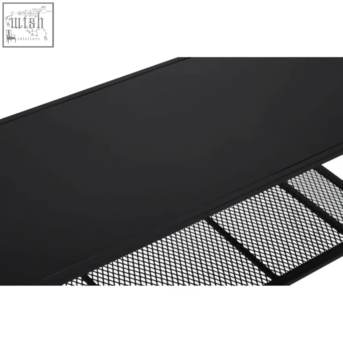 Black metal coffee table with solid top surface and grid-patterned mesh shelf for stylish storage and display