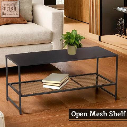 Black metal coffee table with rectangular top and open mesh shelves perfect for living room use