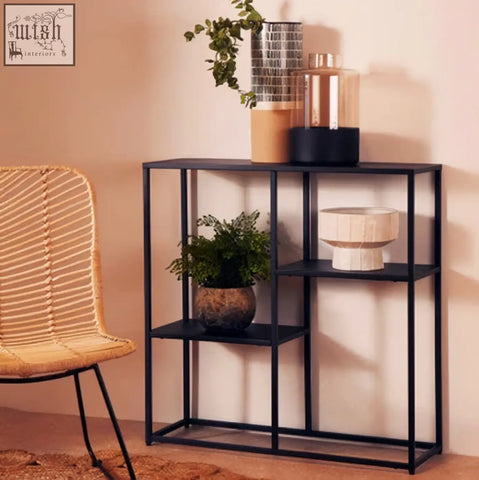Black metal console table acero black metal with geometric open shelving and minimalist design for storage display