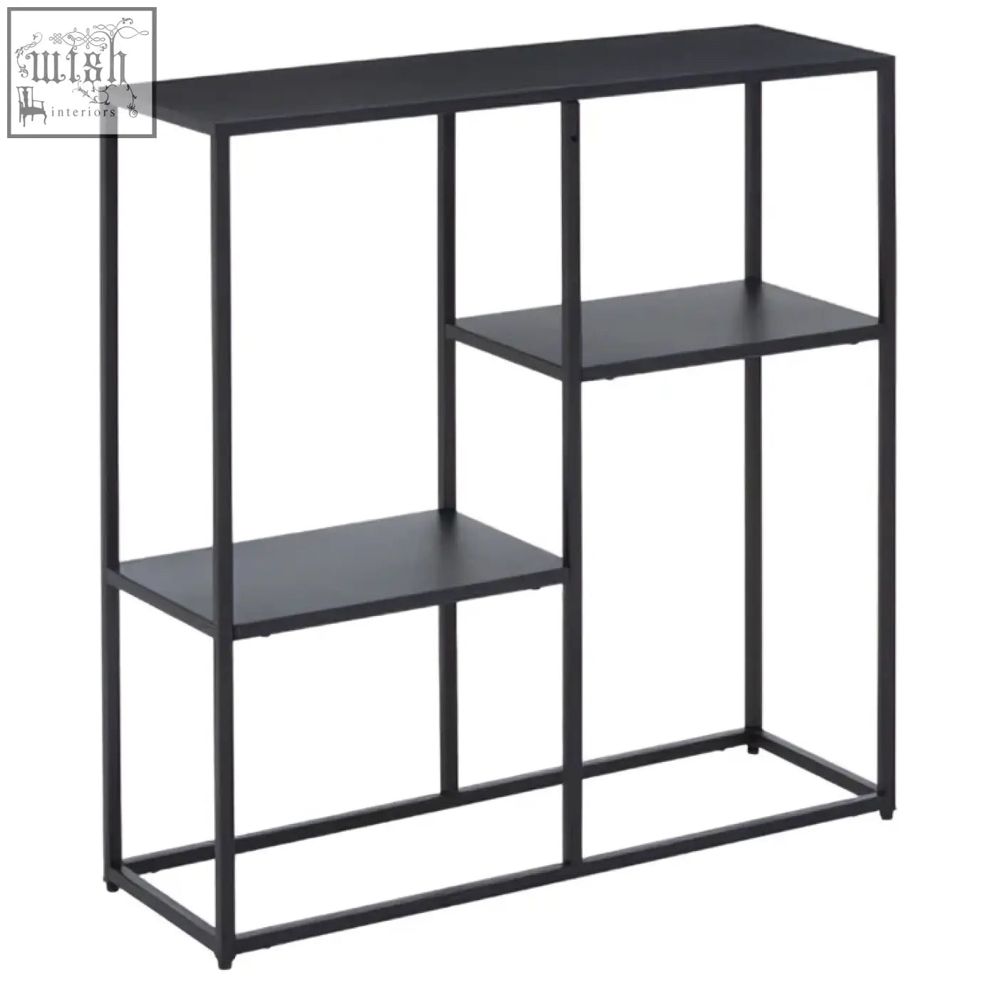 Acero black metal console table with three asymmetrical shelves in black metal for versatile storage and display