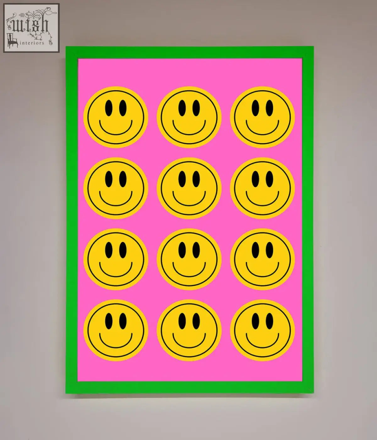 Acid smile faces framed poster with bright green frame pink canvas and twelve bold yellow smiley faces in a grid