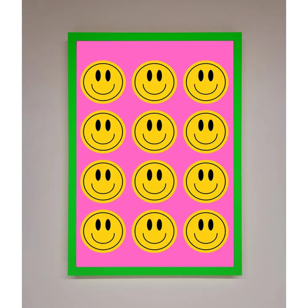 Acid Smile Faces Framed Poster - A3 (29.7 x 42 cm) / Neon Dark Green - Framed Print