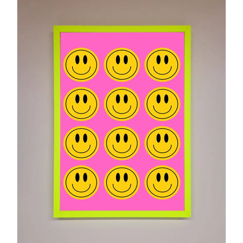 Acid Smile Faces Framed Poster - A3 (29.7 x 42 cm) / Neon Green - Framed Print