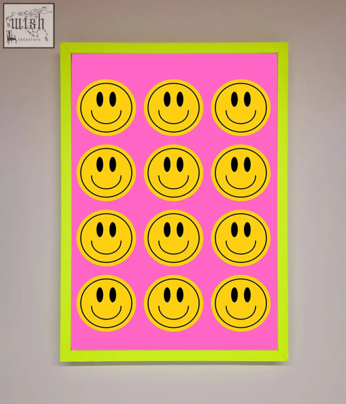 Acid smile faces framed poster with neon green frame featuring twelve yellow smiley faces on a pink background