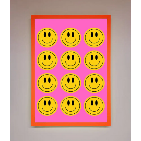 Acid Smile Faces Framed Poster - A3 (29.7 x 42 cm) / Neon Orange - Framed Print