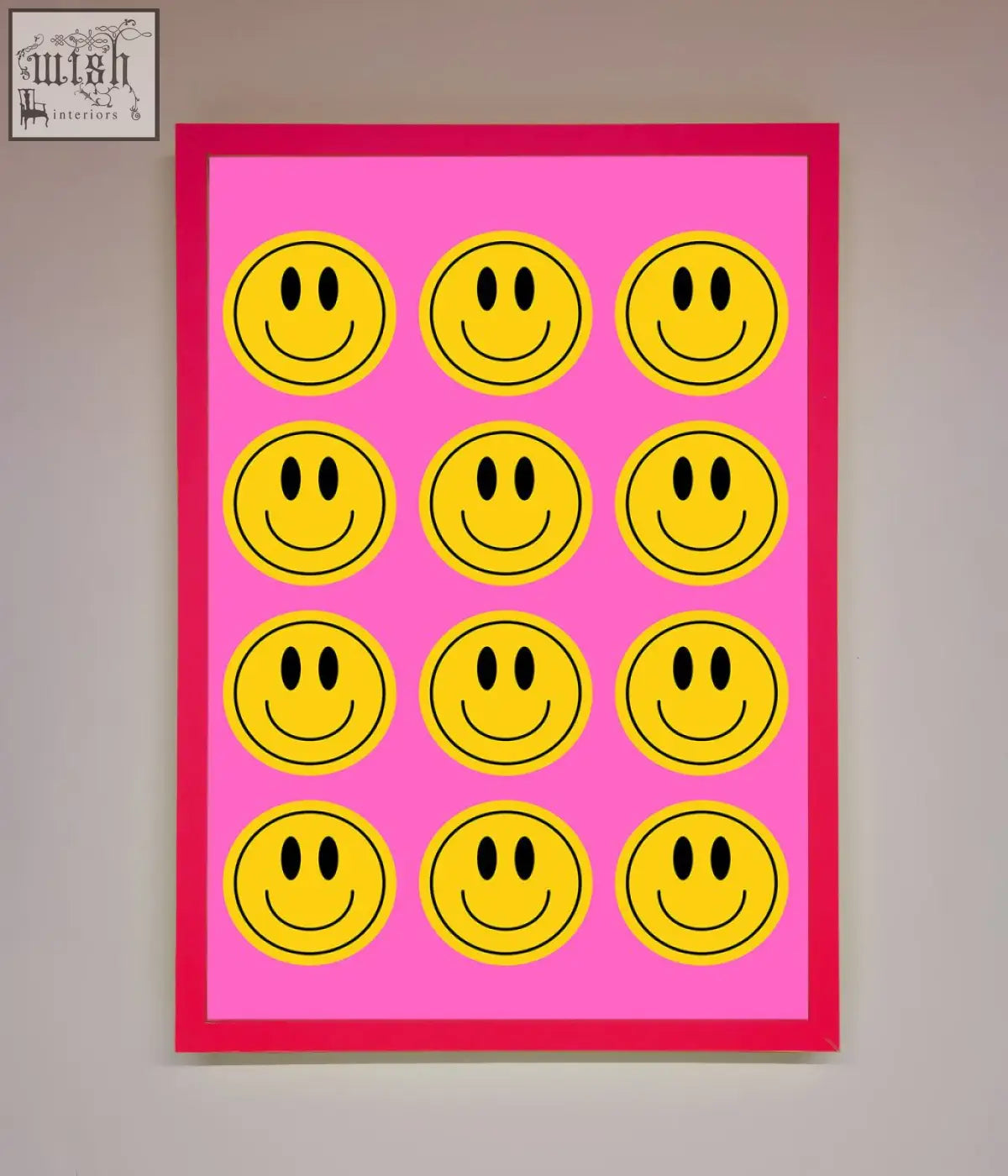 Acid smile faces framed poster with twelve bright yellow smiley faces in a vibrant pink frame and background