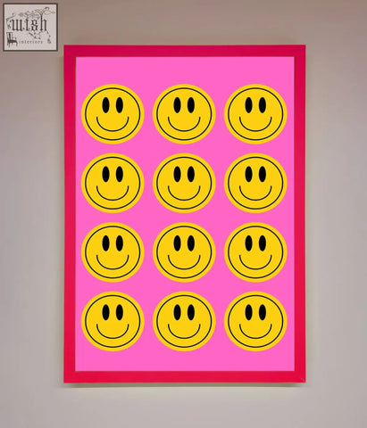 Acid smile faces framed poster with twelve bright yellow smiley faces in a vibrant pink frame and background