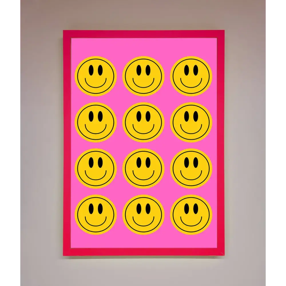 Acid Smile Faces Framed Poster - A3 (29.7 x 42 cm) / Neon Pink - Framed Print