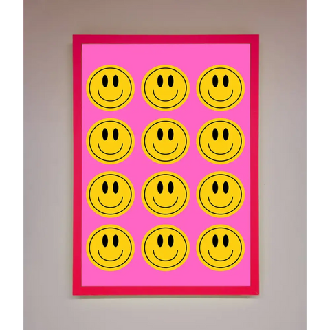 Acid Smile Faces Framed Poster - A3 (29.7 x 42 cm) / Neon Pink - Framed Print