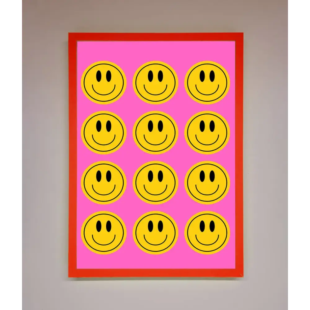 Acid Smile Faces Framed Poster - A3 (29.7 x 42 cm) / Neon Red - Framed Print