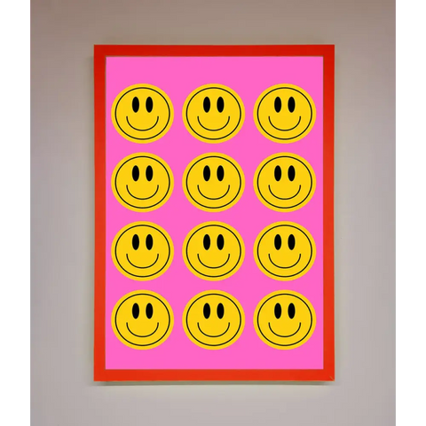 Acid Smile Faces Framed Poster - A3 (29.7 x 42 cm) / Neon Red - Framed Print
