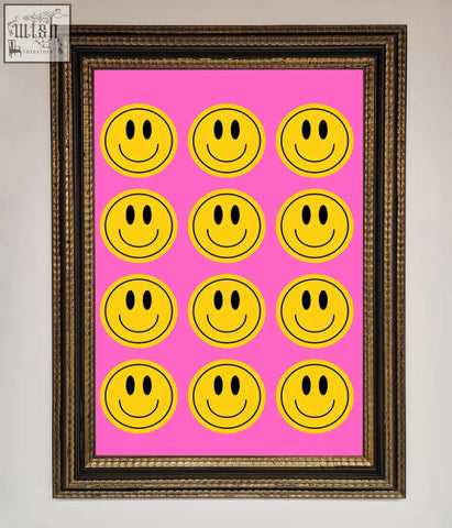 Framed acid smile faces poster with twelve bold yellow smiley faces on a vibrant pink background arranged in rows