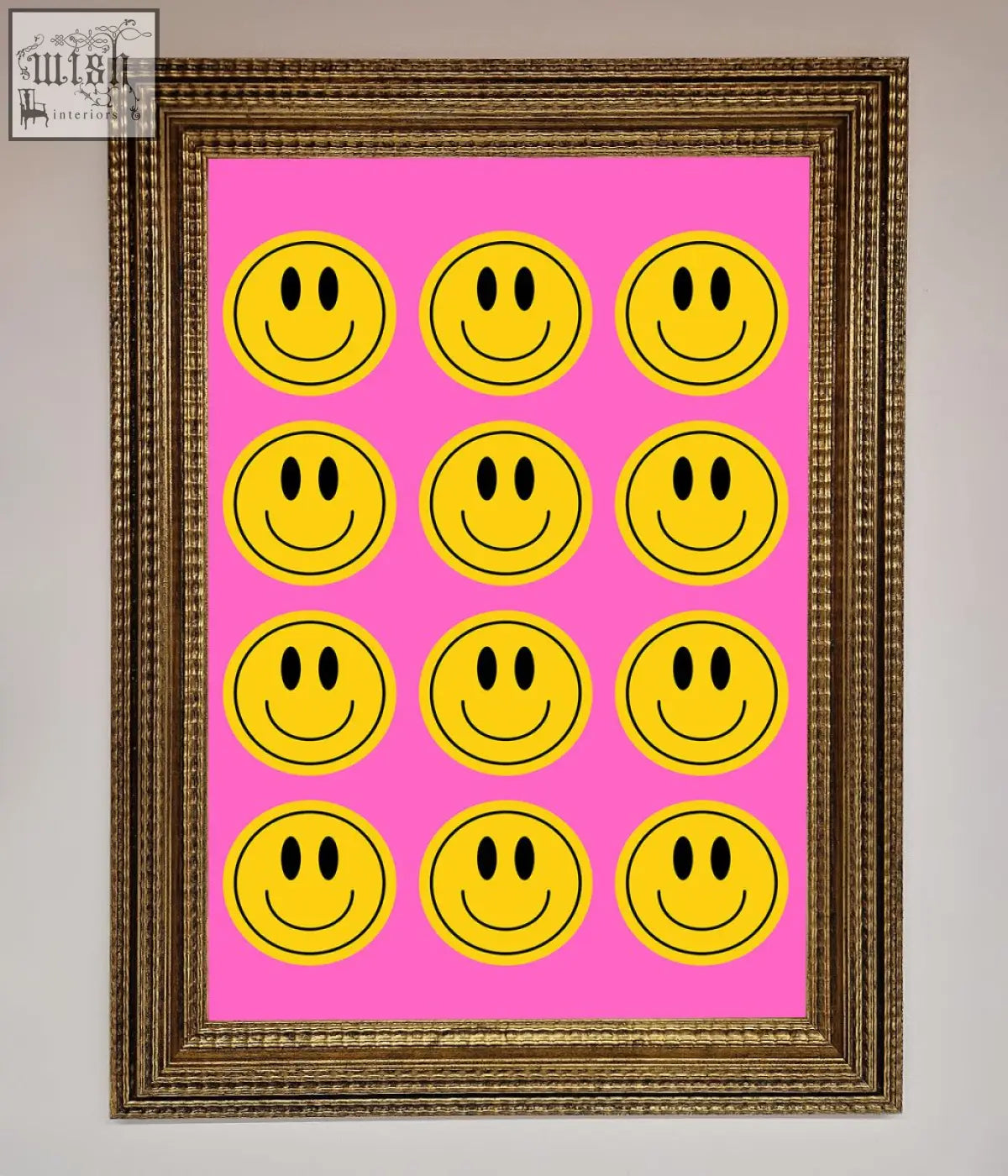A framed poster featuring twelve bold yellow smiley faces on a vibrant pink background titled acid smile faces