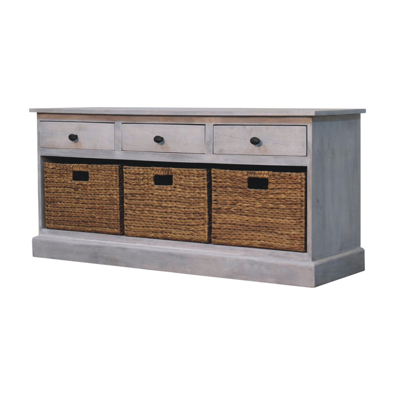 Gray acid wash wooden storage cabinet with three drawers and three woven basket storage compartments below