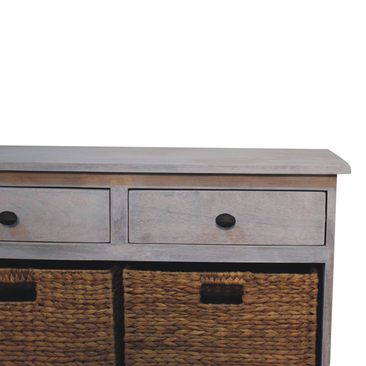 Gray-washed acid wash storage cabinet with two drawers and basket storage wicker baskets below