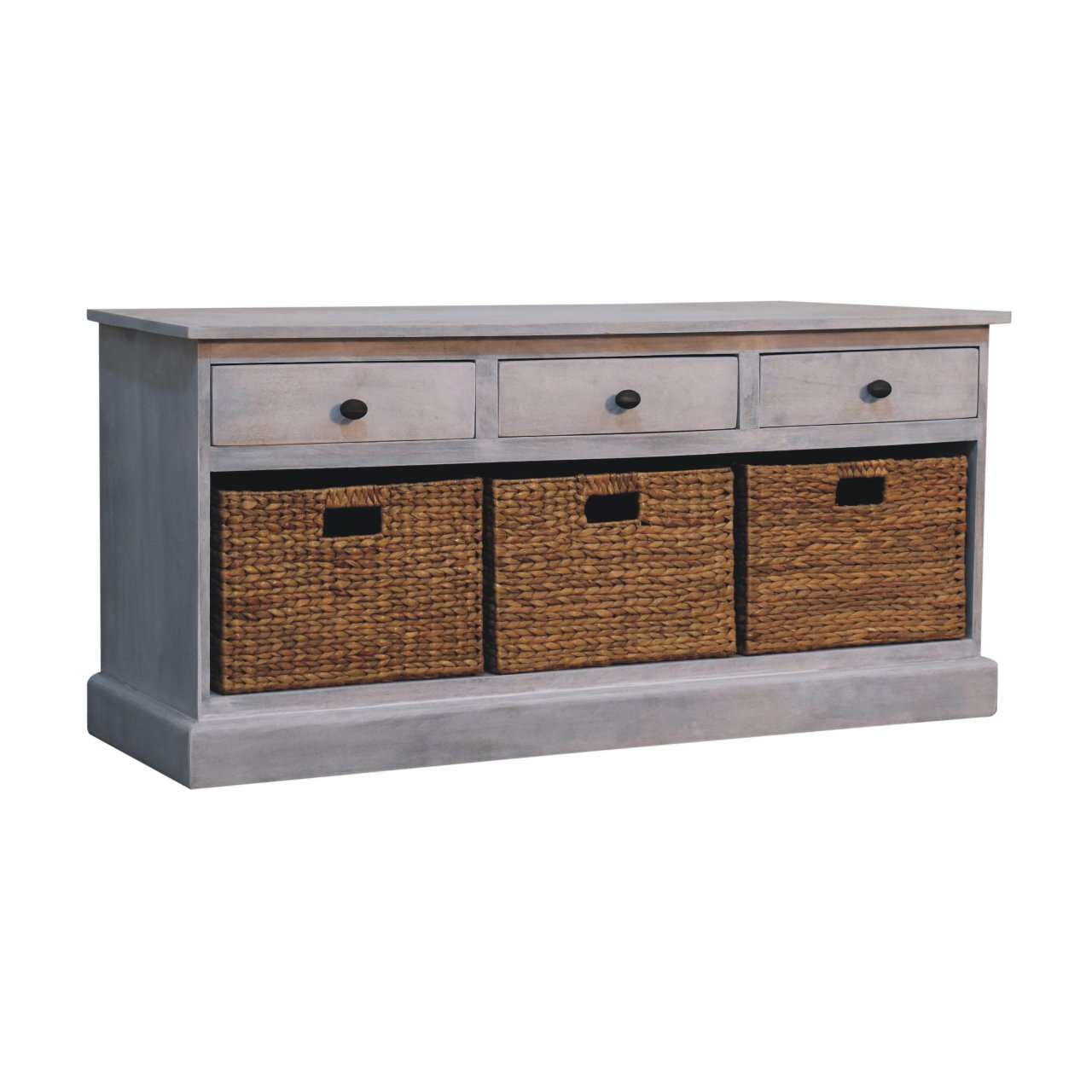 Gray acid wash wooden storage cabinet with three drawers and three wicker baskets for basket storage