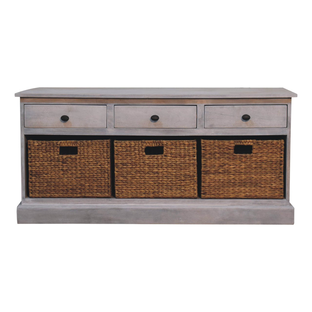 Gray wooden acid wash storage cabinet with three drawers and three woven basket storage compartments underneath