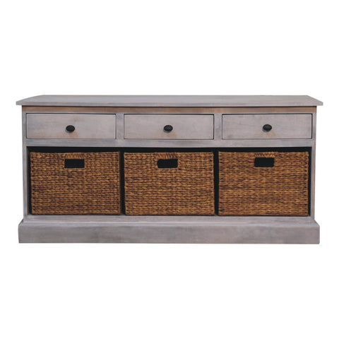 Gray wooden acid wash storage cabinet with three drawers and three woven basket storage compartments underneath