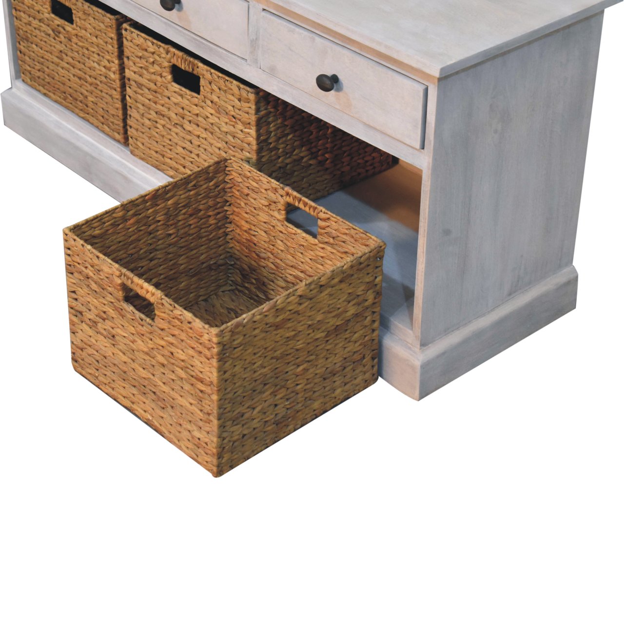 Natural woven seagrass acid wash basket storage cabinet with sturdy handles and rectangular shape for organizing
