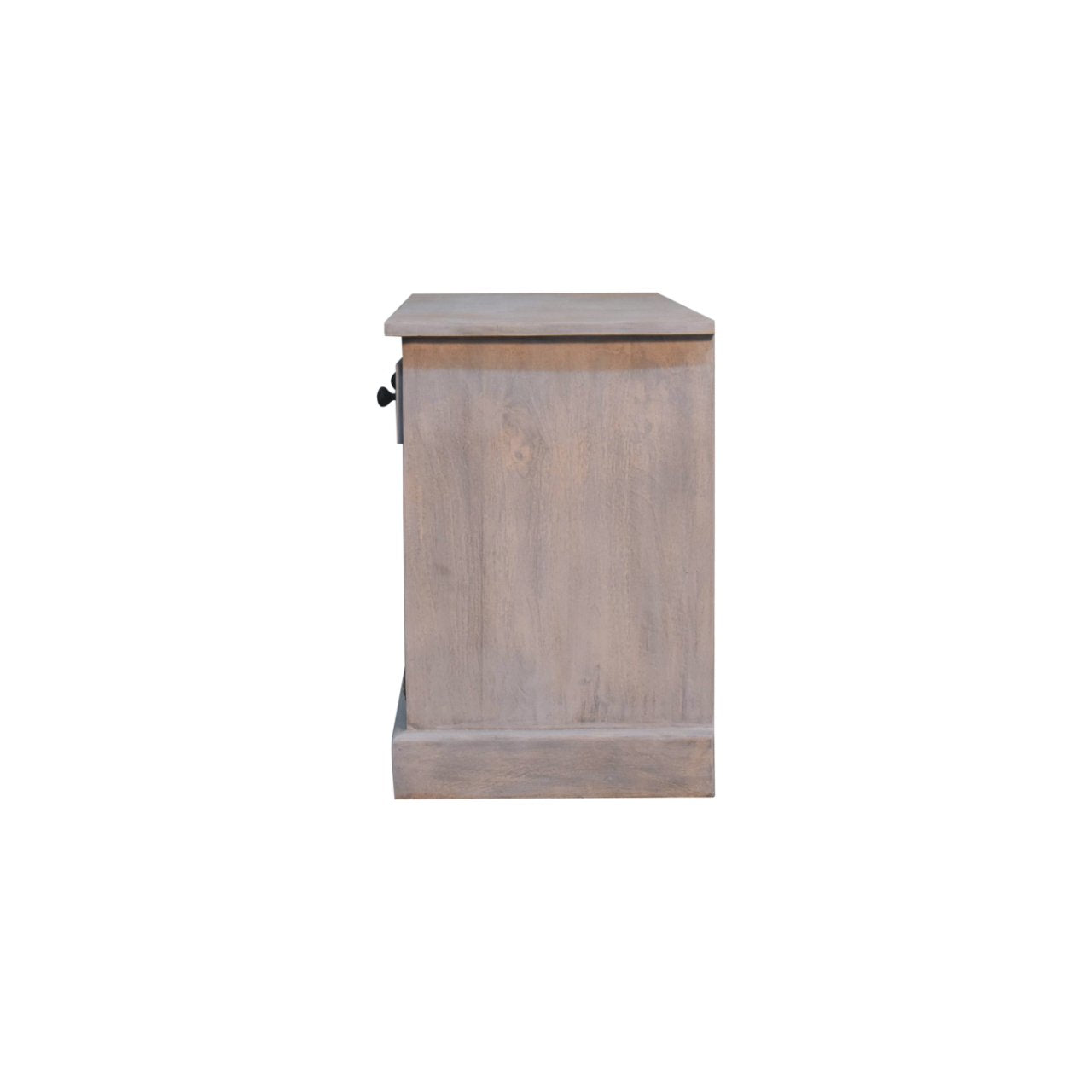 A rustic gray wood acid wash storage cabinet side table with flat top and black metal handle on single door