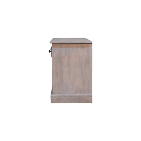 A rustic gray wood acid wash storage cabinet side table with flat top and black metal handle on single door